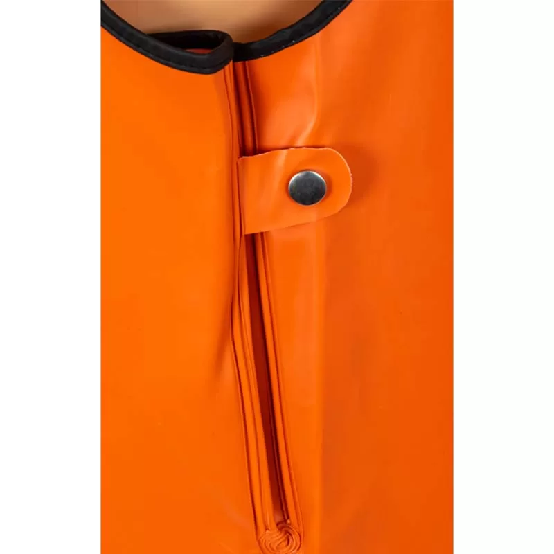 N982P orange, pantalon à bavette en PVC, ouverture sur le côté gauche avec bouton-pression